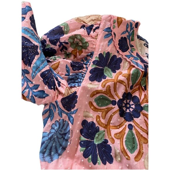 FARM RIO Seashell Tapestry Pink Mini Dress XL Organic Cotton Puff Sleeves Tassel - Picture 14 of 14